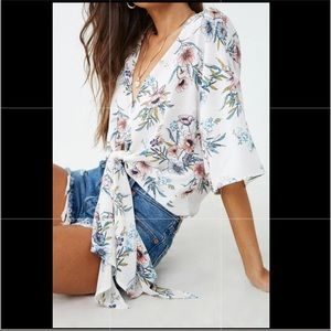 F21 Floral Chiffon V Neck Tie Front Blouse